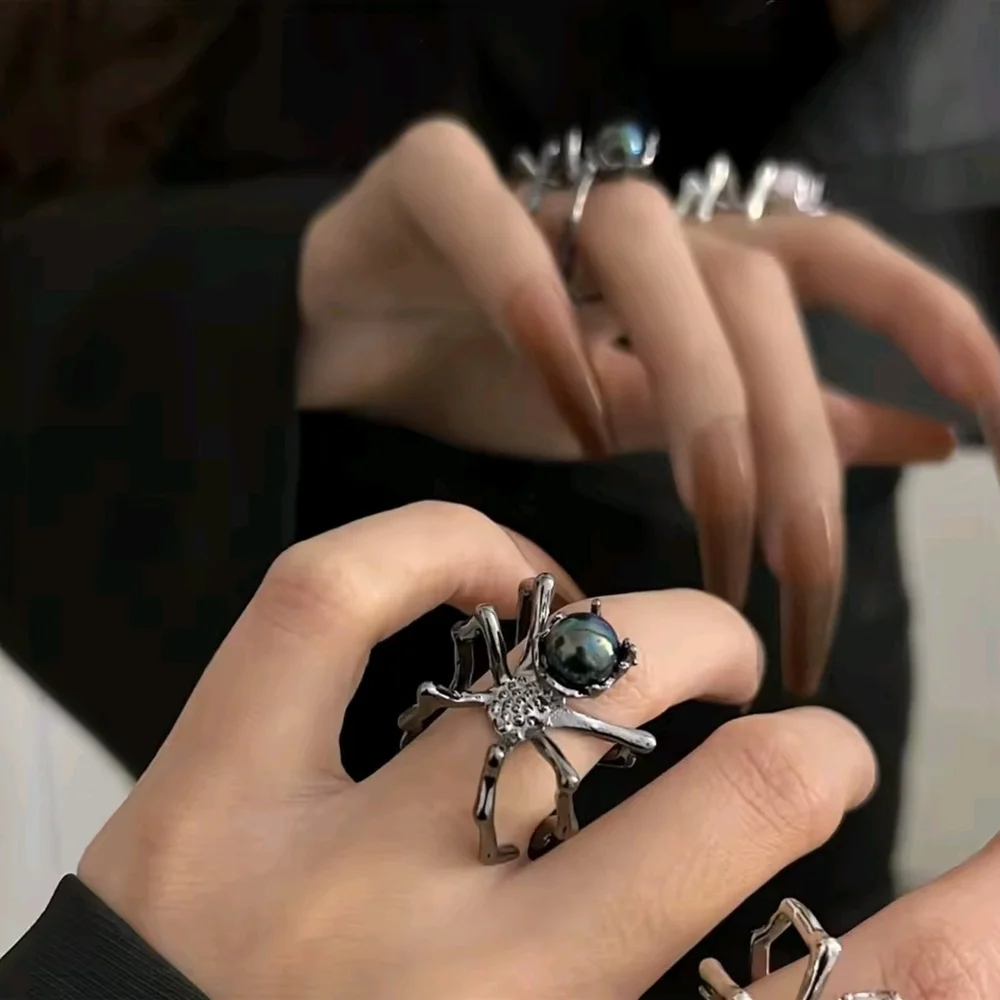 Black Spider Rings with Black and White Accents